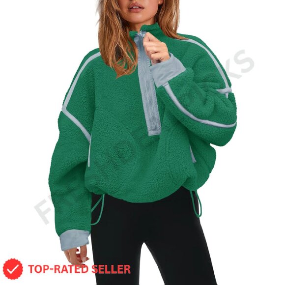 Oversized Half Zip Sherpa Fleece Pullover Soft Fuzzy Sweater with Pockets